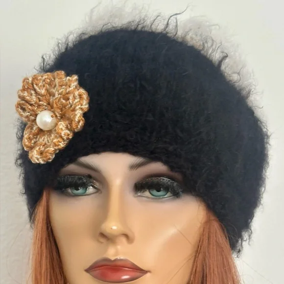 Hand Knits 2 Love Winter Hat Beanie Mohair Look Flower Pearls Designer Fashion - Picture 11 of 11